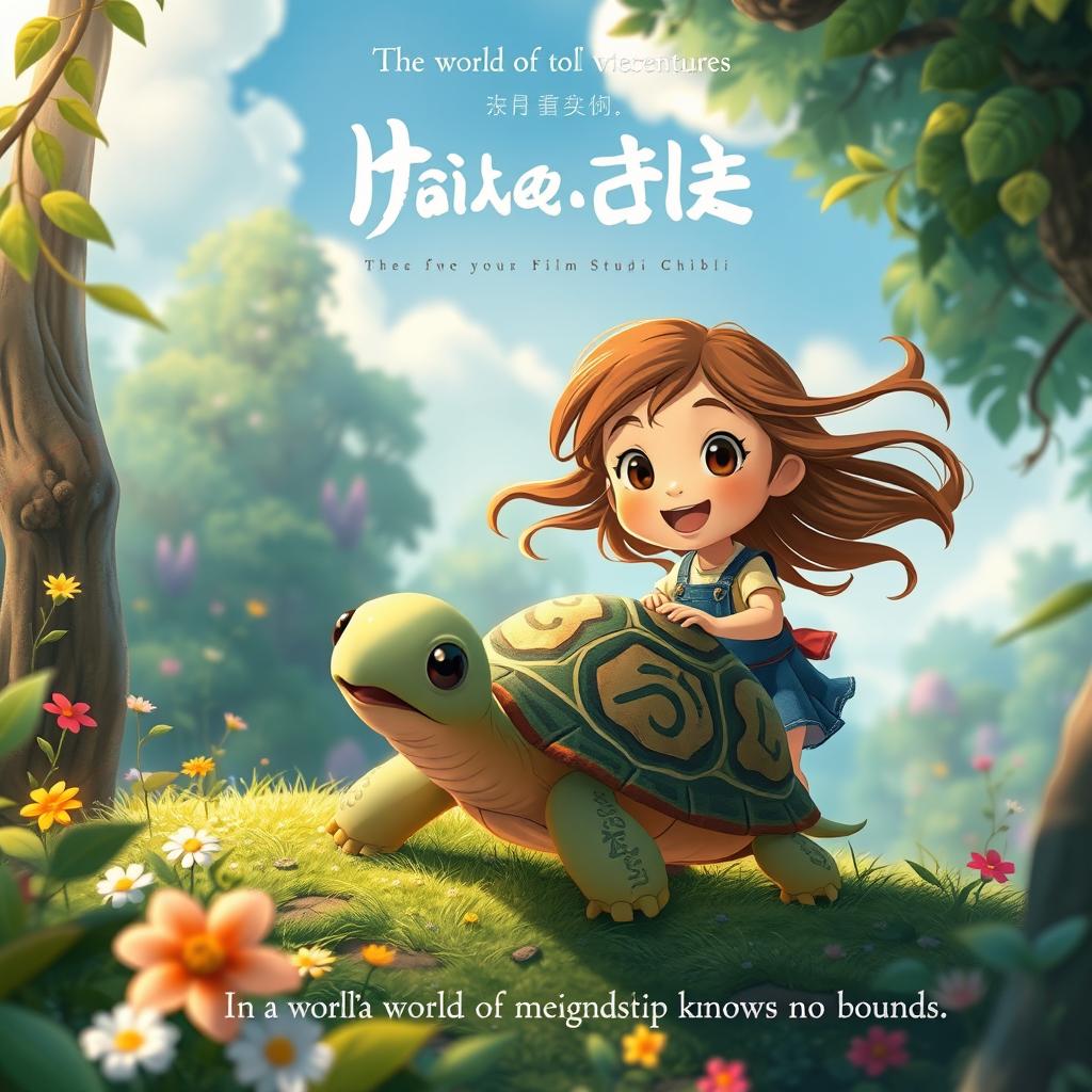 A charming 2D animated movie poster in the enchanting style of Studio Ghibli, depicting the adventures of a small girl with flowing hair and wide eyes, joyfully exploring a lush, magical forest alongside her whimsical turtle, which features an intricately decorated shell