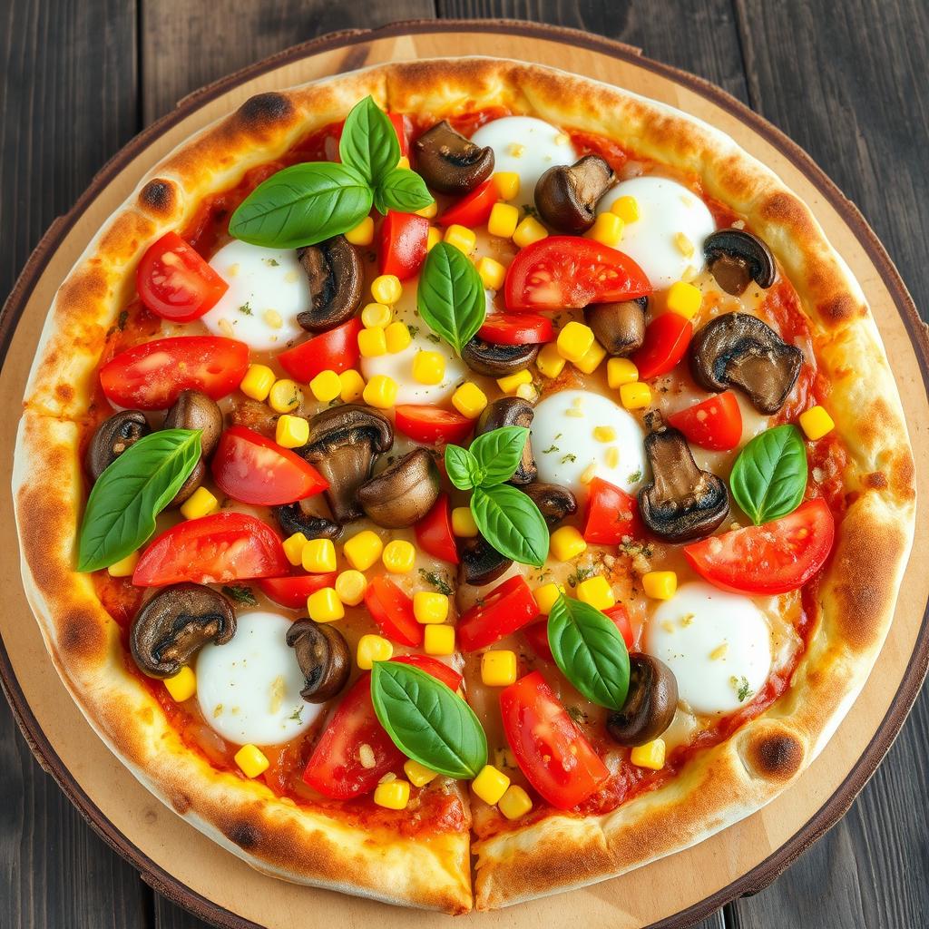 A well-balanced pizza topped with a vibrant mix of fresh ingredients: juicy, ripe tomatoes, sweet corn kernels, savory mushrooms, and crunchy capsicum