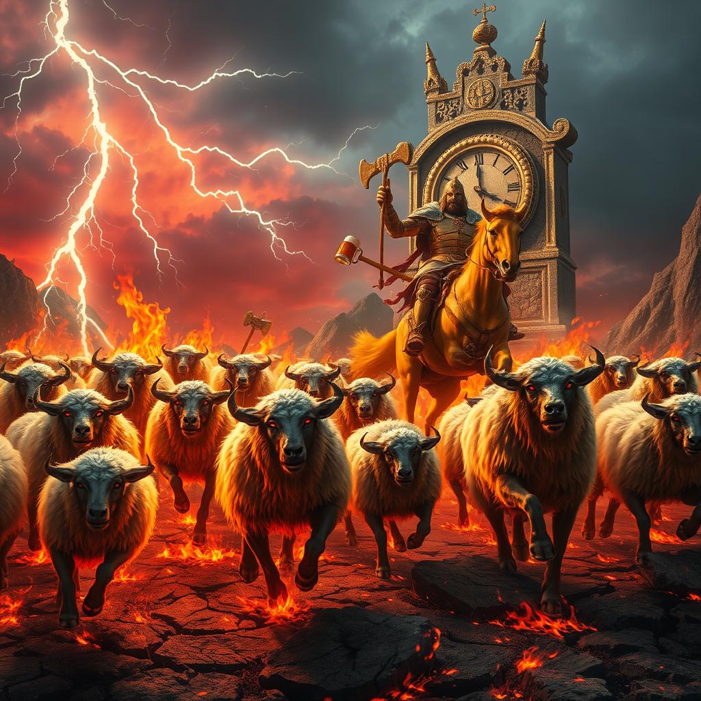 An apocalyptic scene where a flock of sheep engulfed in flames runs in terror, closely chased by fierce wolves wielding double-headed axes and drinking beer from frothy tankards