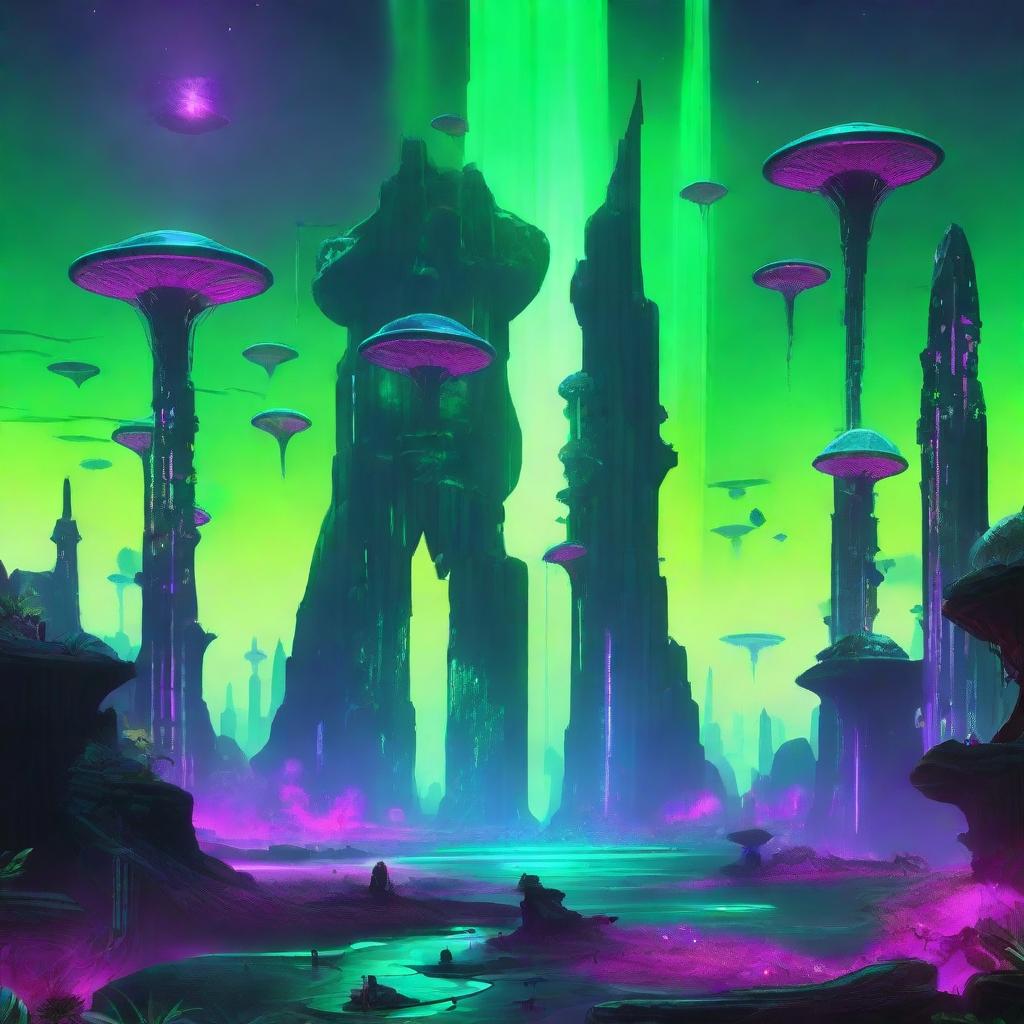 A vast, alien landscape with a neon green sky, soaring obsidian towers, and exotic, gigantic flora glowing with bioluminescence.