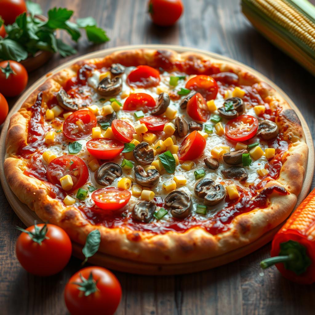 A delicious vegetarian pizza topped with fresh tomatoes, sweet corn, sautéed mushrooms, and generously added chopped capsicum, all melting together under a layer of gooey mozzarella cheese