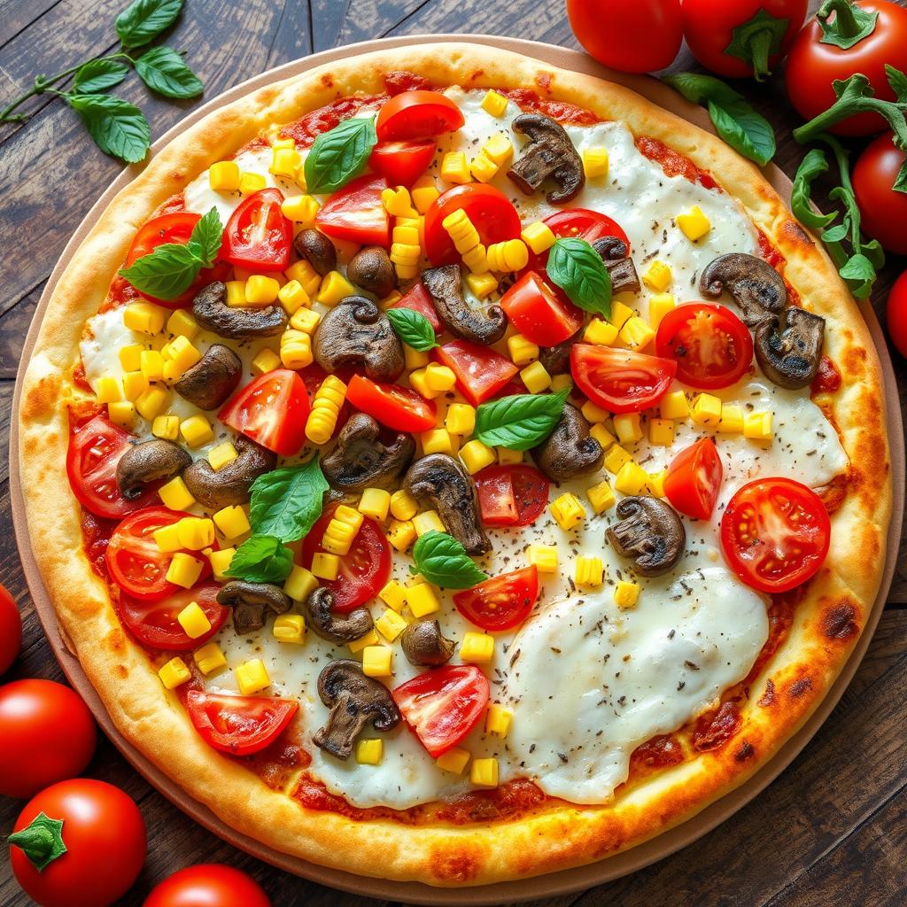 A delicious vegetarian pizza heaped with an abundance of fresh tomatoes, sweet corn, and sautéed mushrooms, with a generous amount of vibrant capsicum adding both color and flavor to the mix