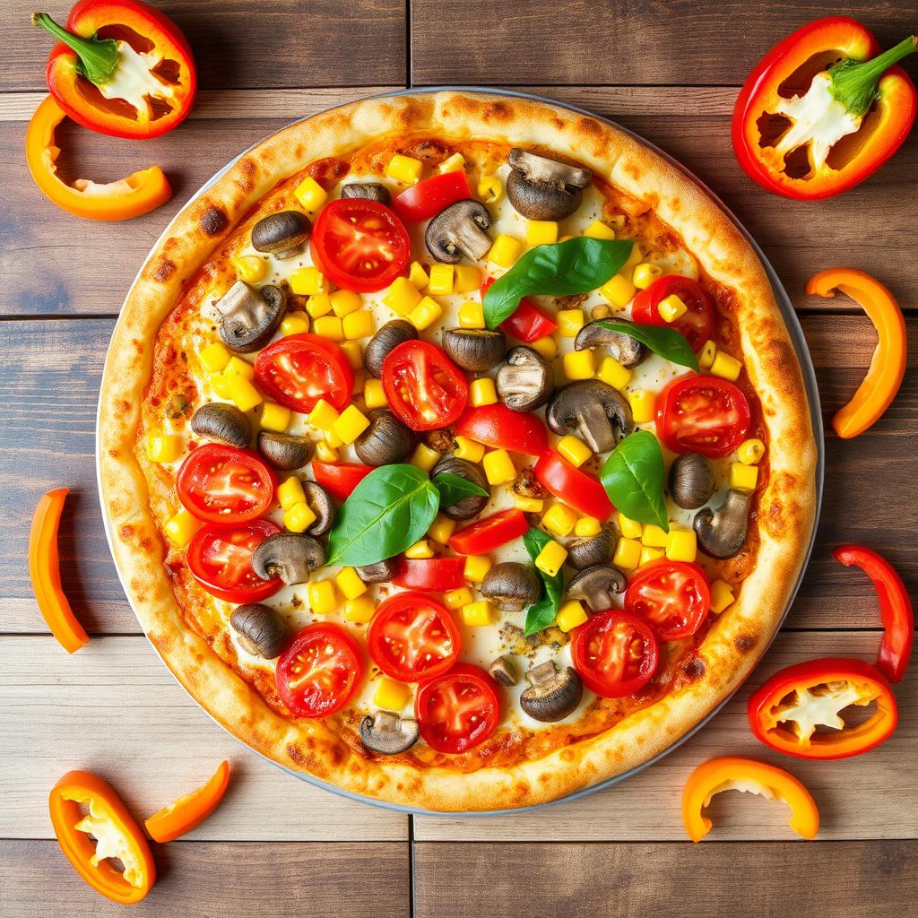 A vibrant vegetarian pizza topped with an abundant amount of fresh tomatoes, sweet corn, succulent mushrooms, and an extra generous layer of colorful capsicum, all combined under a rich blanket of melted mozzarella cheese
