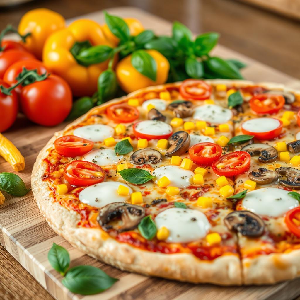 An appetizing close-up of a freshly made pizza topped with fresh tomatoes, sweet corn, colorful bell peppers (capsicum), and sliced mushrooms, all combined with melted mozzarella cheese