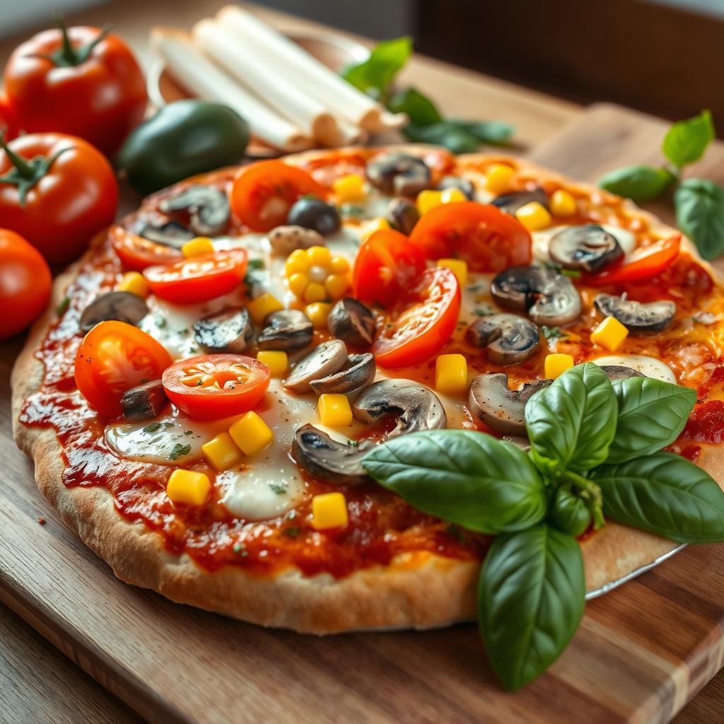 An appetizing close-up of a freshly made pizza topped with fresh tomatoes, sweet corn, colorful bell peppers (capsicum), and sliced mushrooms, all combined with melted mozzarella cheese