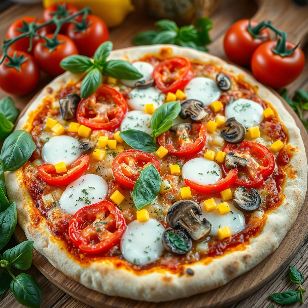 An appetizing close-up of a freshly made pizza topped with fresh tomatoes, sweet corn, vibrant bell peppers (capsicum) in red, yellow, and green, and sliced mushrooms, all combined with melted mozzarella cheese for a refreshing bite
