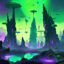 A vast, alien landscape with a neon green sky, soaring obsidian towers, and exotic, gigantic flora glowing with bioluminescence.