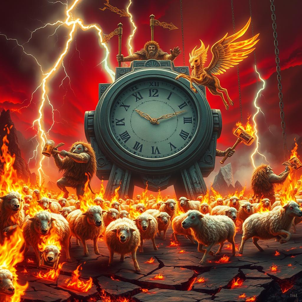 A vivid apocalyptic scene featuring a flock of burning sheep in full flight, their wool ablaze with intense fiery orange flames, illuminating a cracked, ash-covered wasteland