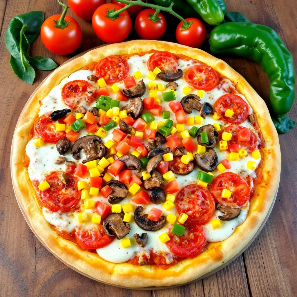 A scrumptious vegetarian pizza loaded with fresh tomatoes, sweet corn, and sautéed mushrooms, featuring an extra generous amount of diced capsicum sprinkled all over, creating a colorful and vibrant topping