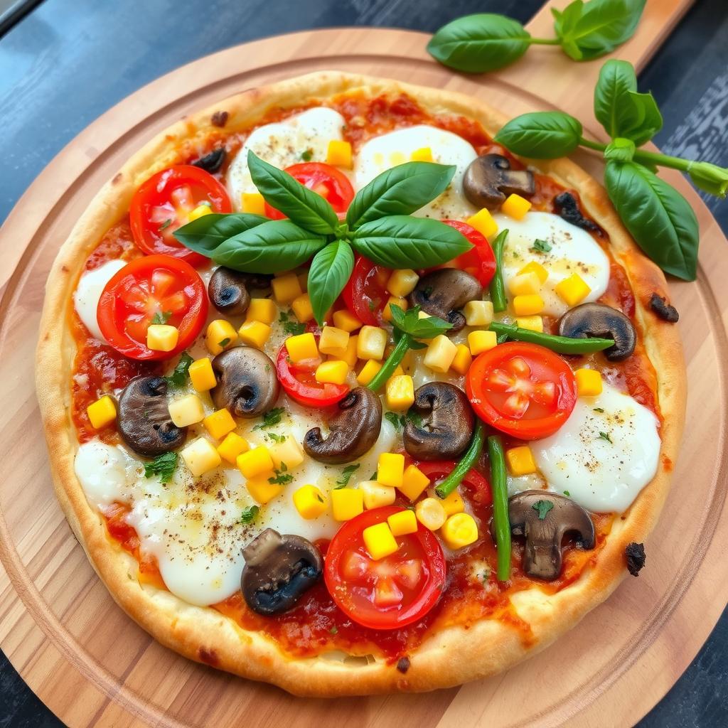 A well-balanced pizza topped with an appealing mix of fresh ingredients: vibrant red tomatoes, sweet golden corn, earthy mushrooms, and crunchy green capsicum, all layered beneath a generous blanket of melted mozzarella cheese