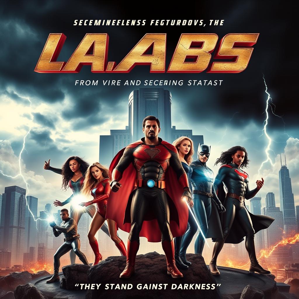 An action-packed movie poster for a superhero film featuring a diverse team of heroes poised to save the world from a sinister and scheming scientist