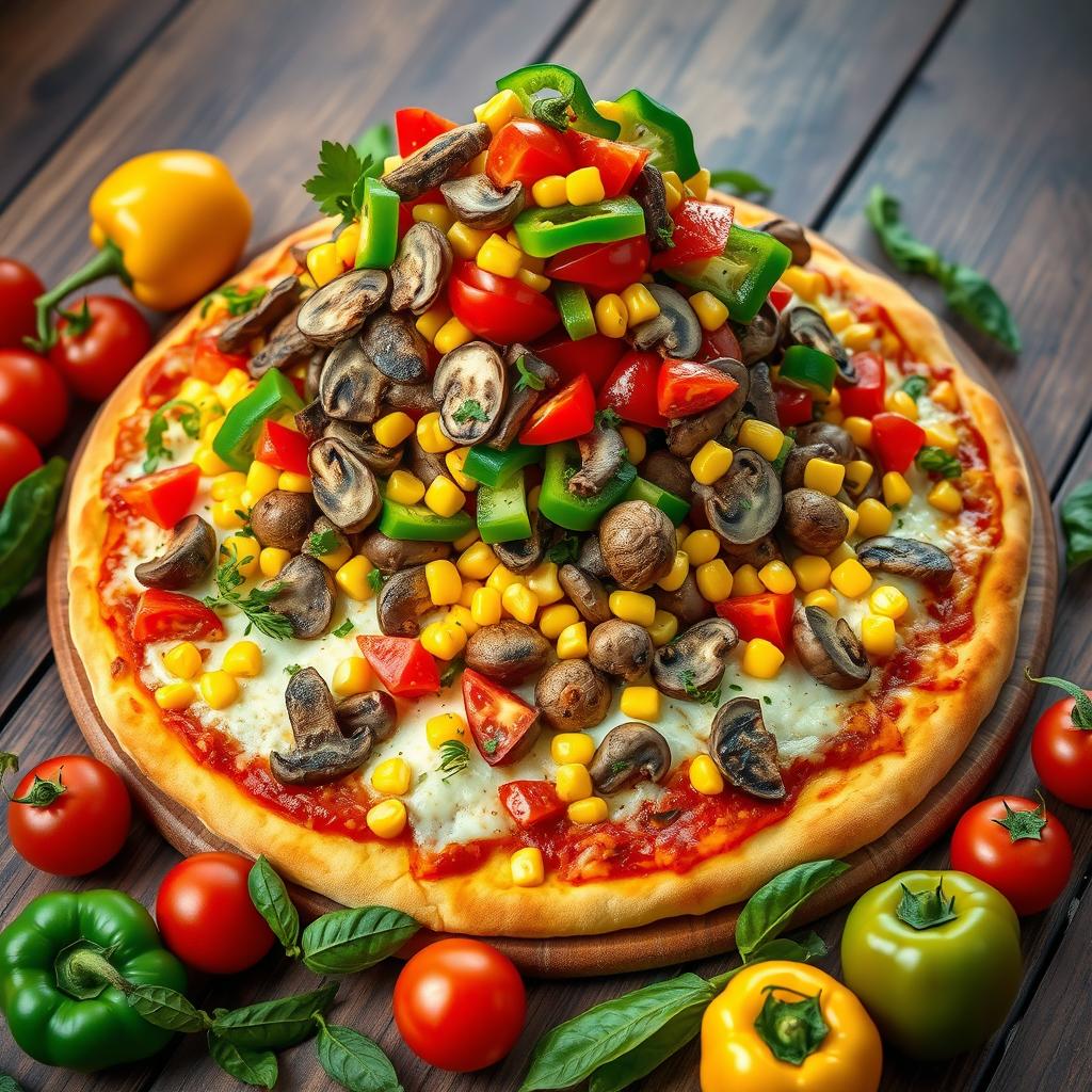 An enticing vegetarian pizza overloaded with luscious fresh tomatoes, sweet corn, and a generous heap of sautéed mushrooms, featuring an extravagant and colorful assortment of capsicum piled high on top