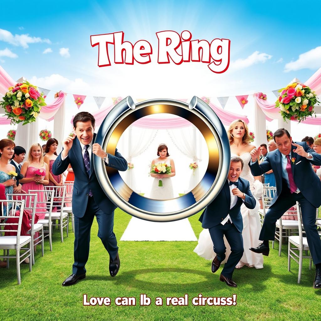 A vibrant comedy movie poster titled "The Ring" featuring a humorous wedding scene