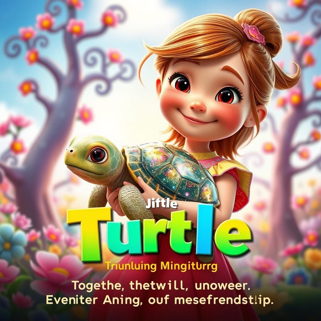 A charming and whimsical movie poster for a stop-motion animated film that tells the enchanting story of a little girl and her magical turtle