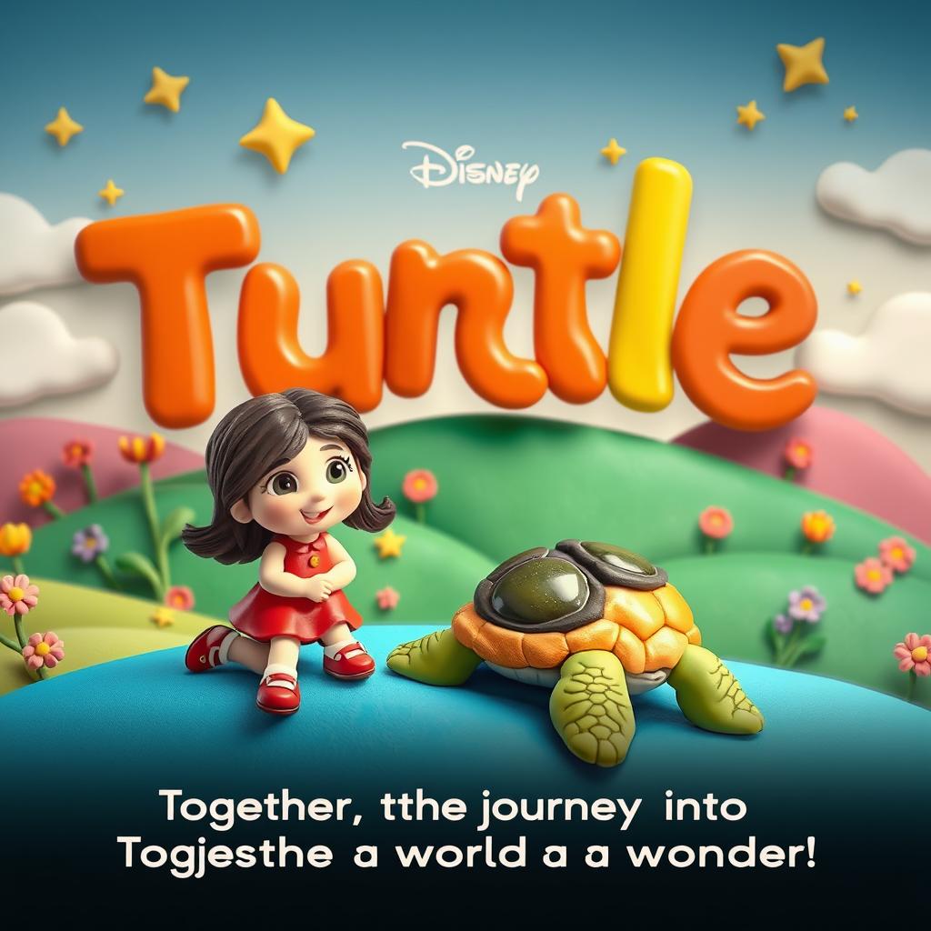 A delightful and colorful movie poster for a claymation animated film that tells the heartwarming story of a little girl and her magical turtle
