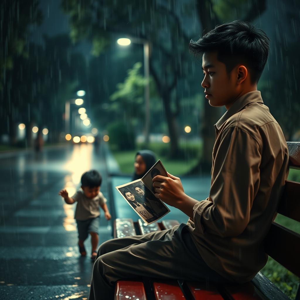 A young Indonesian man sitting alone on a park bench at night, his expression filled with sadness as he gazes at an old photograph in his hands