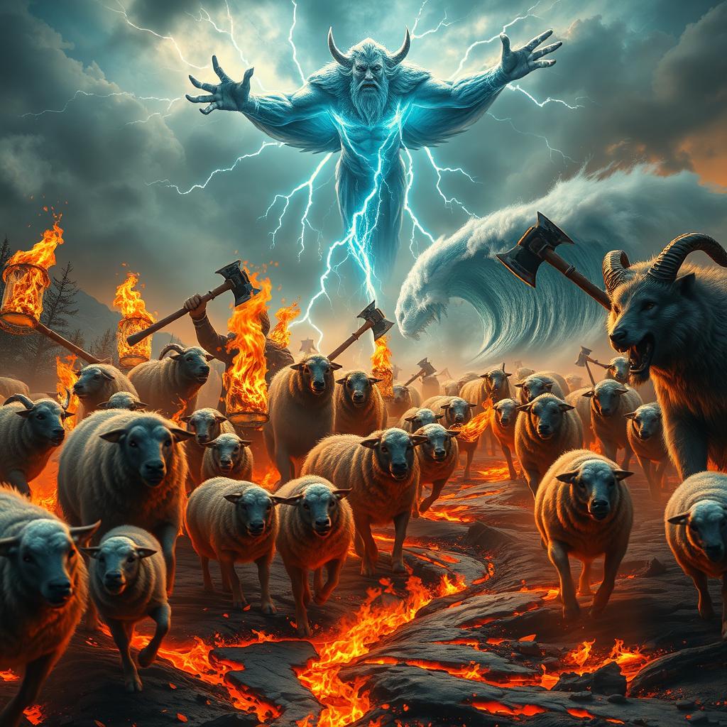 A cinematic, apocalyptic scene featuring a flock of flaming sheep frantically fleeing from horned wolves engulfed in flames