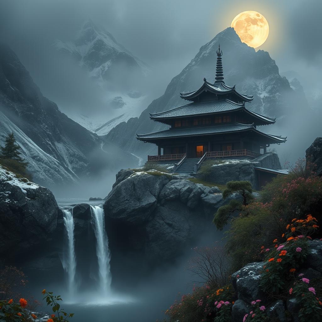 A dark and tranquil Zen monastery situated in the high mountains, enveloped in a mystical haze