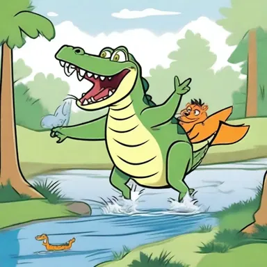 In the cartoon, the alligator chases after the clever fox.