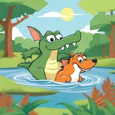 In the cartoon, the alligator chases after the clever fox.