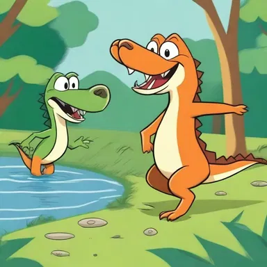 In the cartoon, the alligator chases after the clever fox.