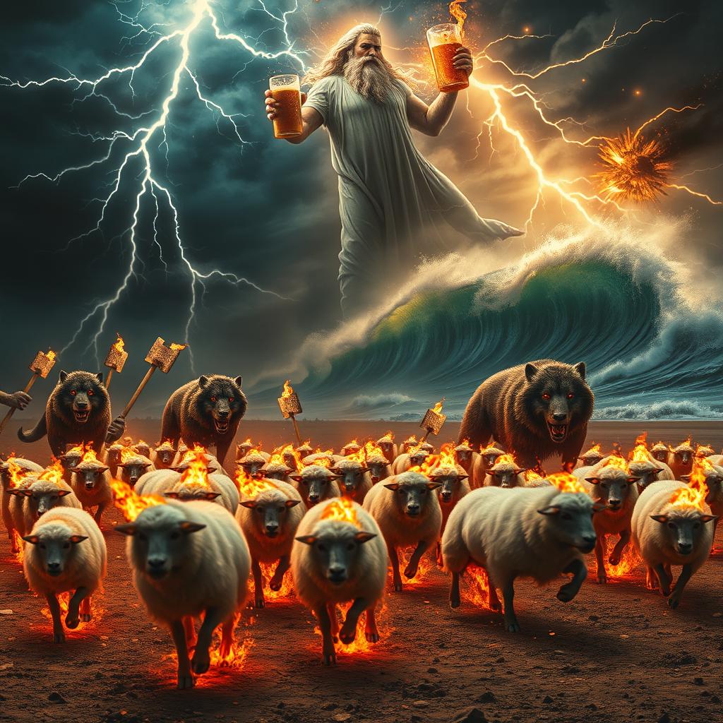 A vivid and surreal scene depicting a flock of sheep on fire, desperately running across a barren wasteland as their wool blazes brightly