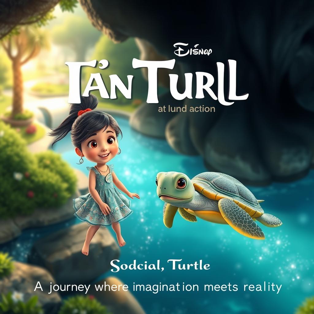 A captivating movie poster for a mixed-media film that combines 2D animation and live-action footage, telling the whimsical story of a little girl and her magical turtle