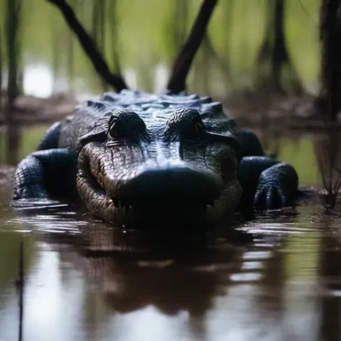 The horror movie featured a terrifying alligator lurking in the dark swamp.