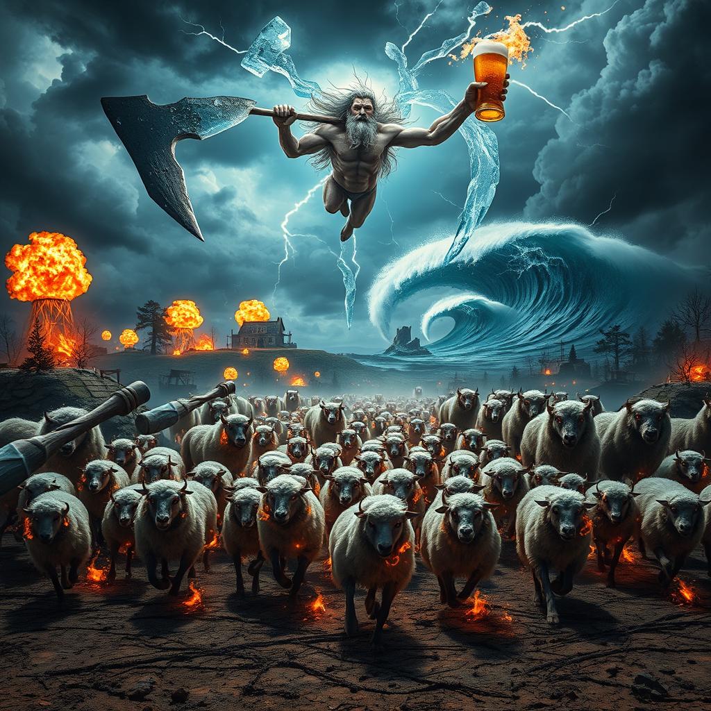 An apocalyptic scene filled with chaos and surreal elements, showcasing a herd of sheep engulfed in flames frantically running across a barren wasteland