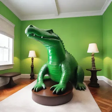 The designer incorporated a sculpture of an alligator in the theme of the room.