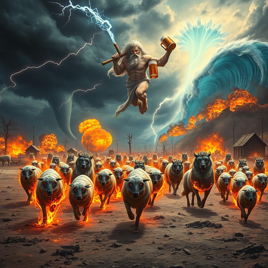 A vivid apocalyptic scene depicting a herd of sheep engulfed in flames, desperately fleeing across a barren wasteland