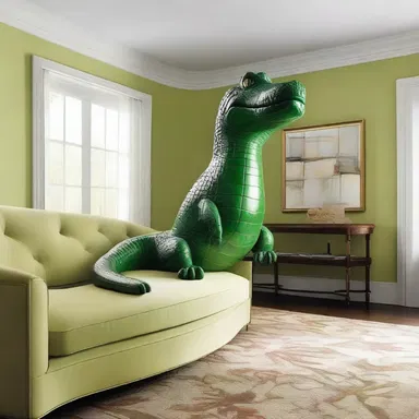 The designer incorporated a sculpture of an alligator in the theme of the room.
