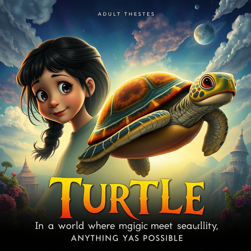 An intriguing movie poster for a 2D adult animated film that tells the captivating story of a little girl and her magical turtle, exploring deeper themes