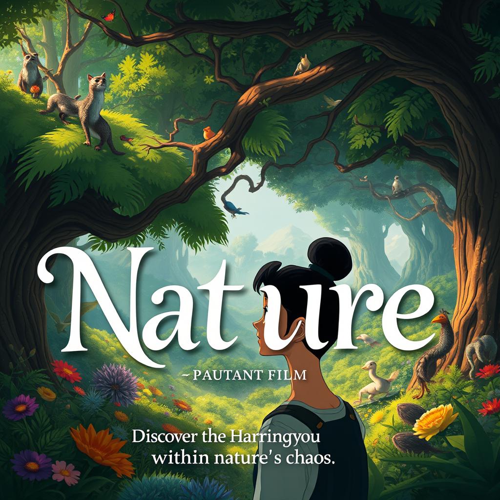 An evocative movie poster for a 2D adult animated film that explores the theme of nature and its intricate beauty