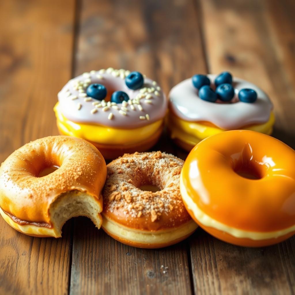 A variety of colorful donuts displayed on a rustic wooden table