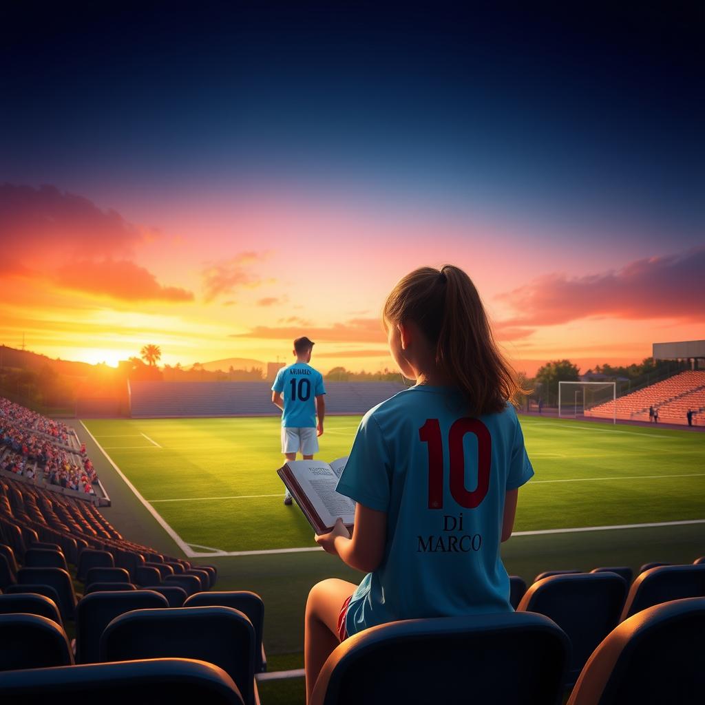 A book cover design featuring a soccer field at sunset
