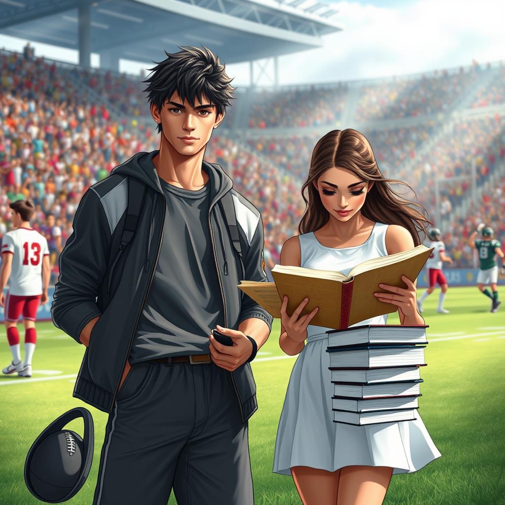 An enchanting scene set on a lively football field, capturing the essence of a tall, handsome dark-haired boy alongside a stunning girl who is engrossed in a book