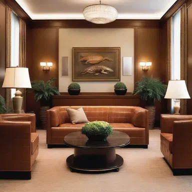 The luxurious couch in the lobby was upholstered in alligator leather, adding a touch of elegance to the space.