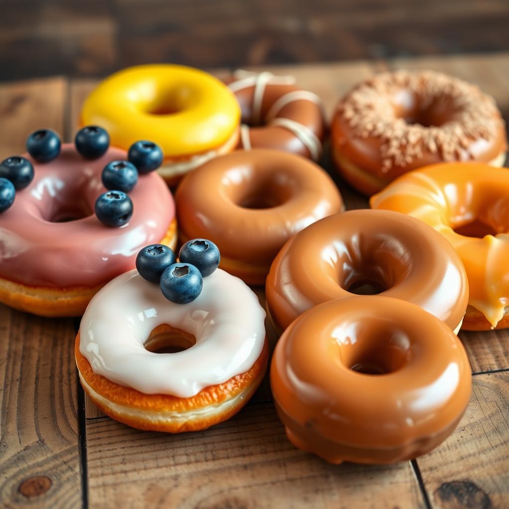 A variety of colorful donuts without holes displayed on a rustic wooden table