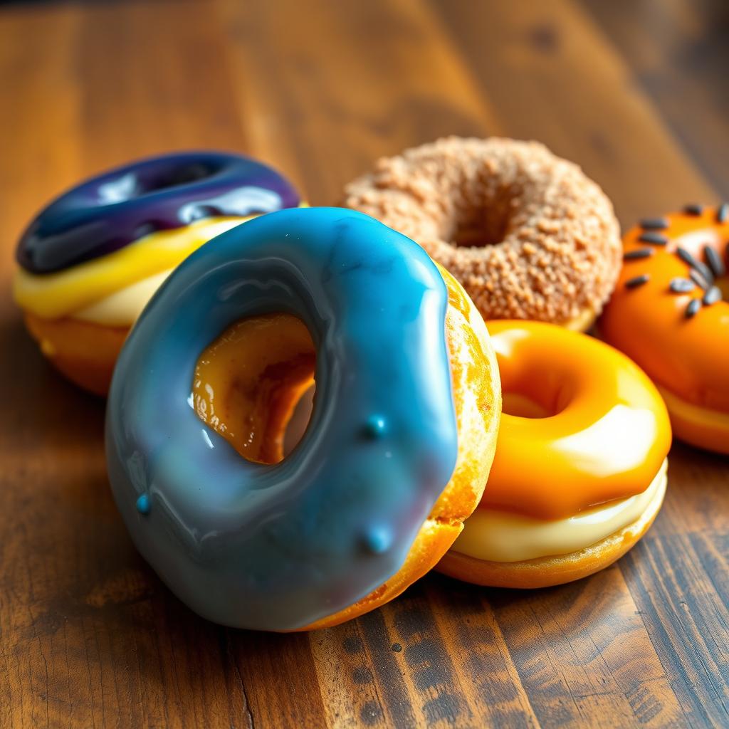 A mouth-watering assortment of donuts displayed on a rustic wooden table