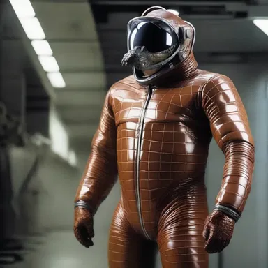 In the distant future, humans have created synthetic alligator leather that is used to make advanced space suits.
