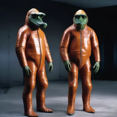 In the distant future, humans have created synthetic alligator leather that is used to make advanced space suits.