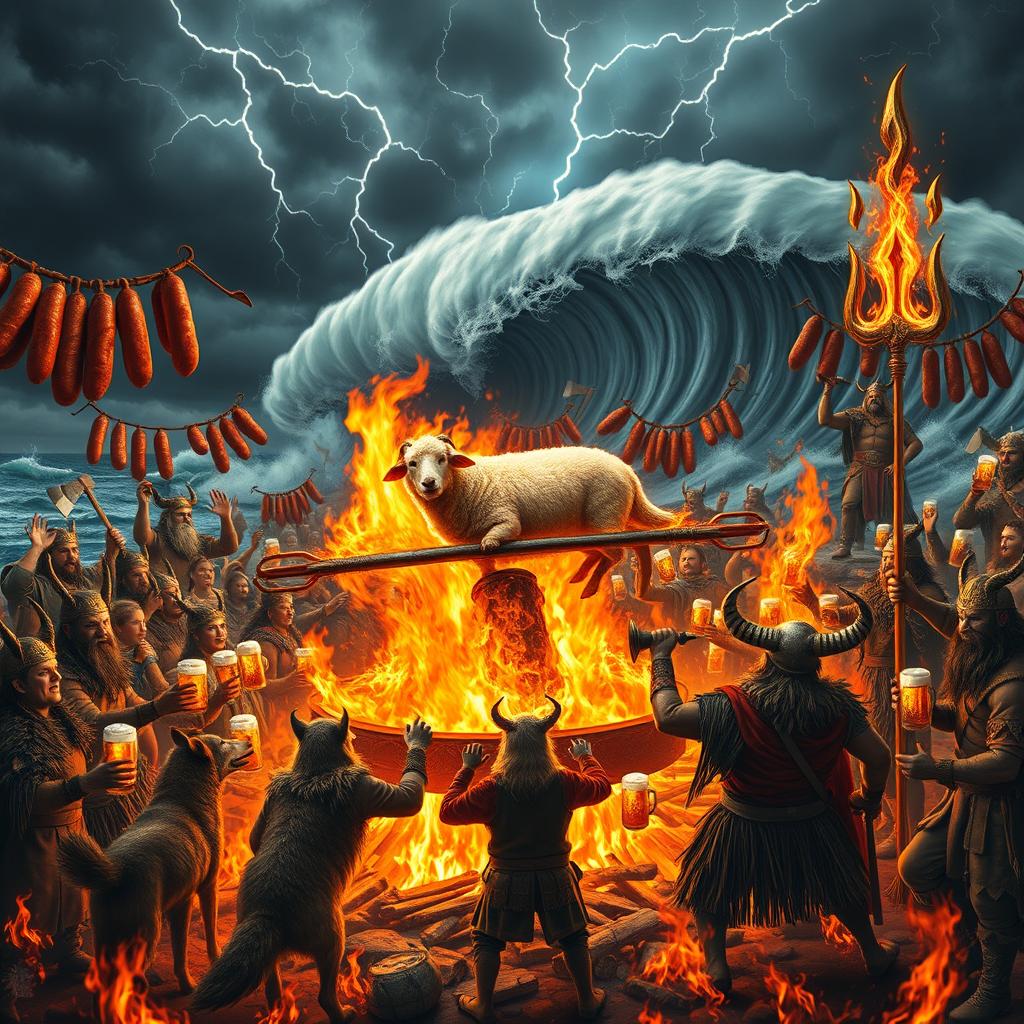 A surreal and chaotic scene depicting a burning sheep rotating on a large rotisserie, creating a vivid focal point amidst the mayhem