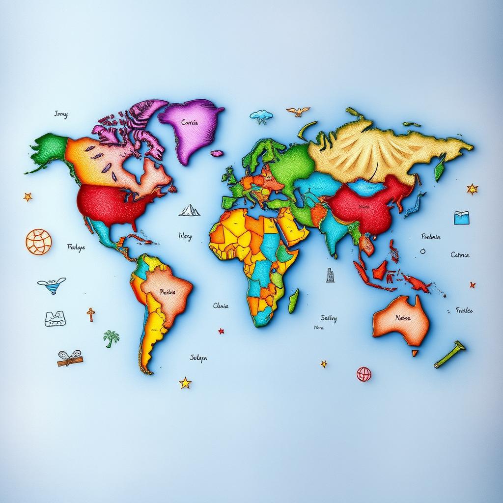 An artistic representation of a world map infused with vibrant colors and intricate patterns