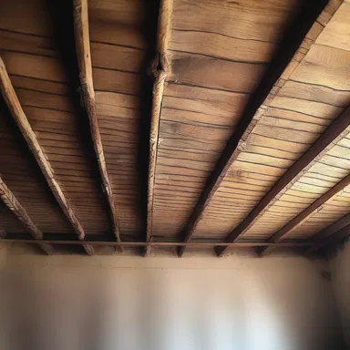 The old wooden beams on the ceiling alligator after being exposed to extreme temperature changes.