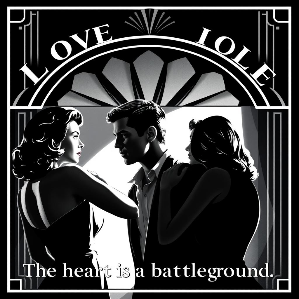 A classic Hollywood-style movie poster in black and white depicting a romantic love triangle