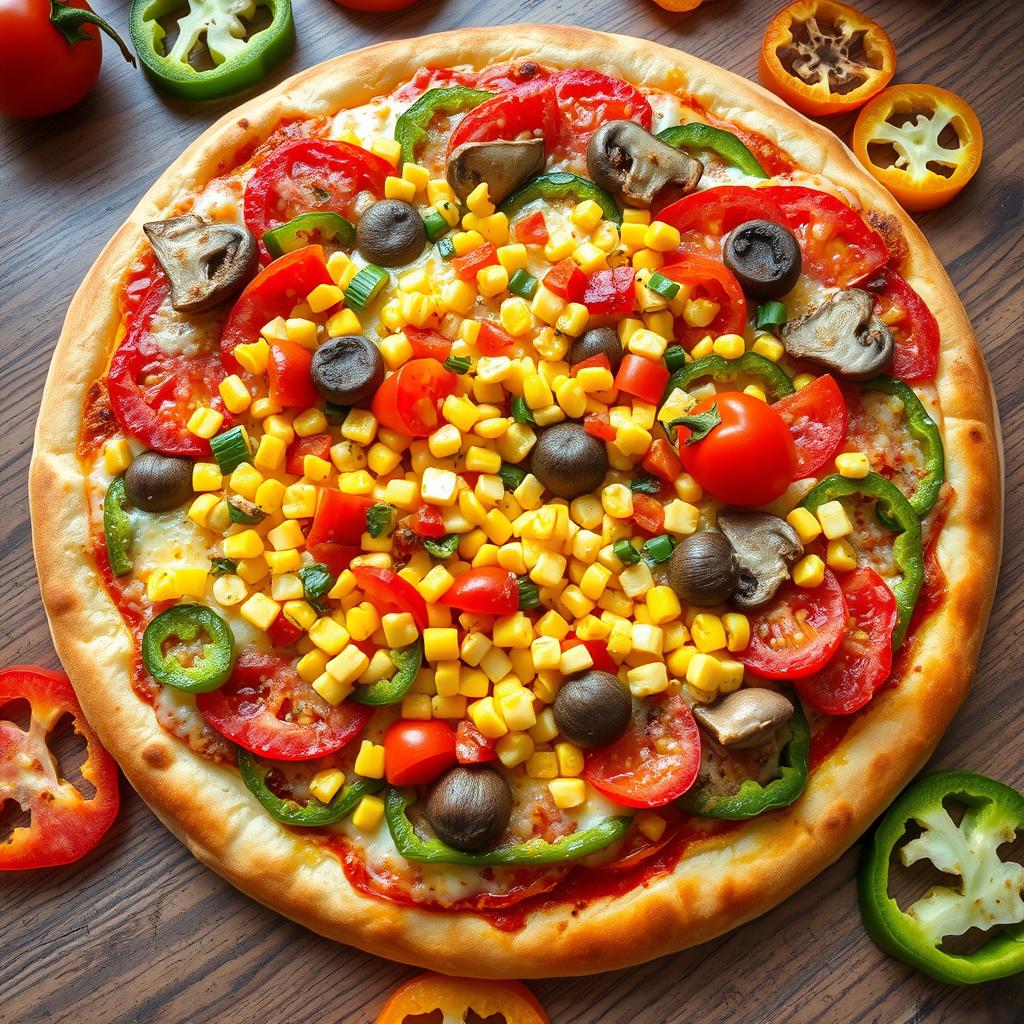 A dazzling vegetarian pizza bursting with an excessive amount of fresh tomatoes, sweet corn, sautéed mushrooms, and an extravagant pile of colorful capsicum in every hue imaginable, creating a visually stunning and appetizing layer