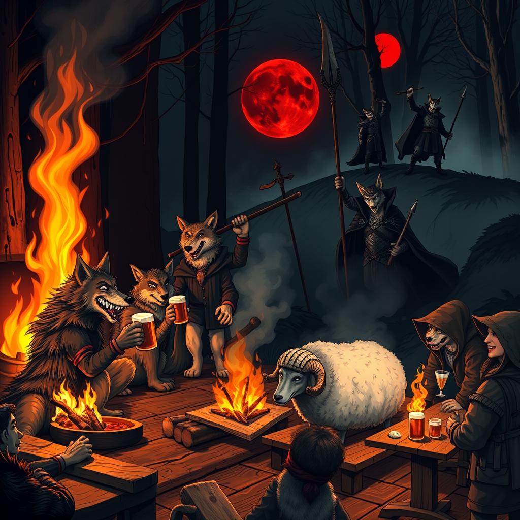 In a dark forest, a group of anthropomorphic wolves gather around a crackling campfire, embodying a cozy yet mischievous atmosphere