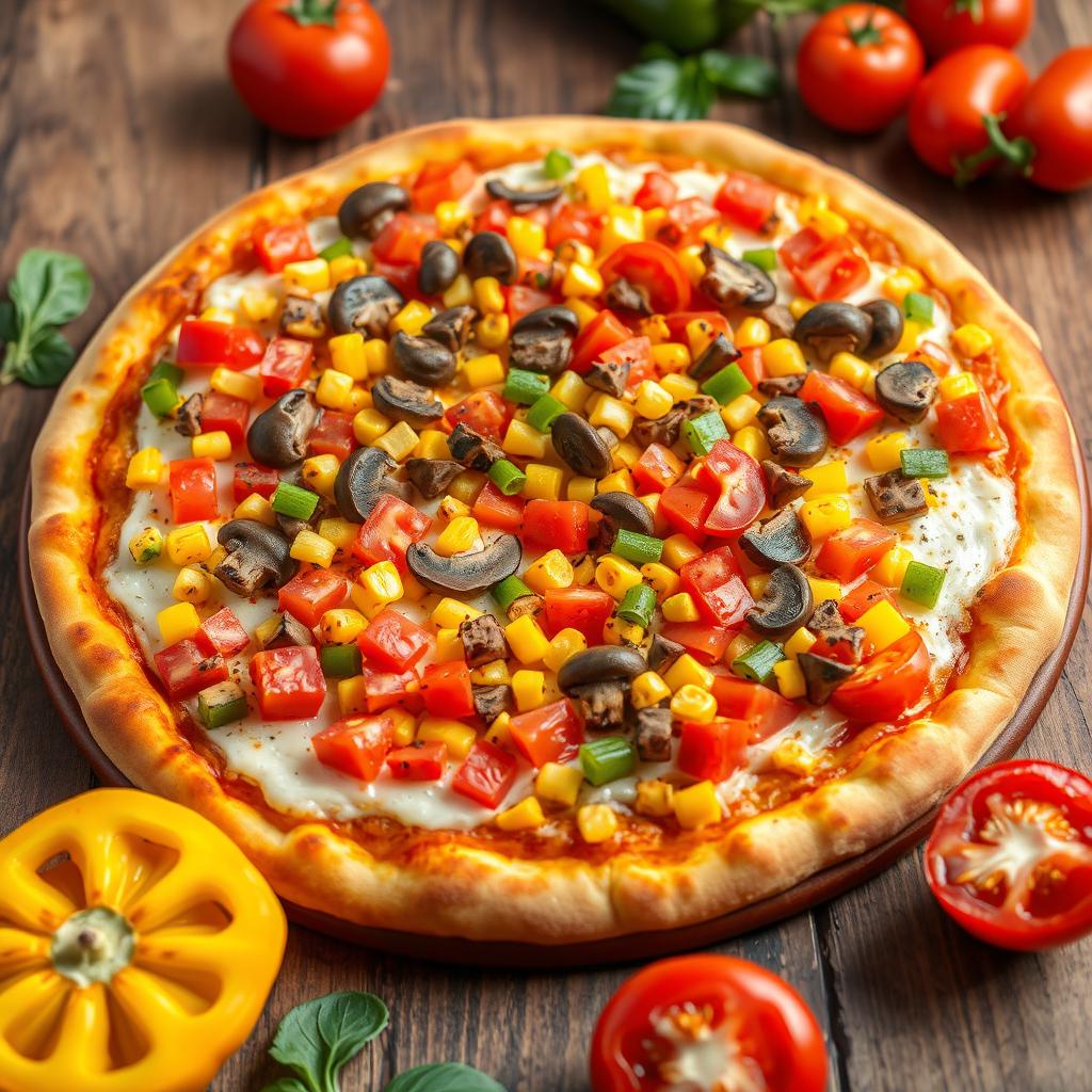 A freshly baked vegetarian pizza, beautifully presented with an abundance of vibrant fresh tomatoes, sweet corn, and sautéed mushrooms, topped with an overwhelming layer of colorful diced capsicum in various hues