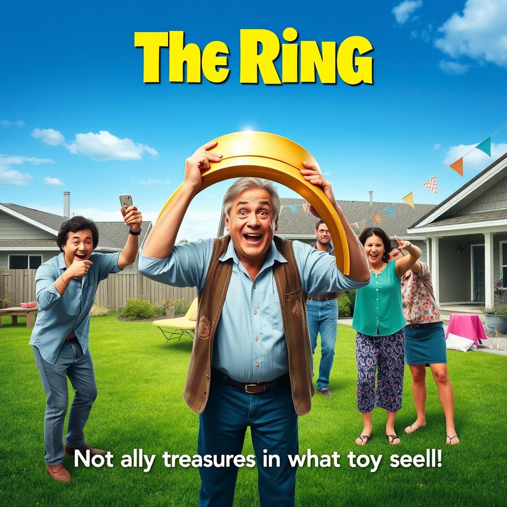 A comedy movie poster titled "The Ring" in a realistic style, depicting a humorous scene involving a large, mysterious ring